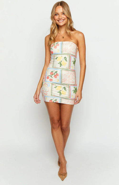 White Roma Print Strapless Mini Dress