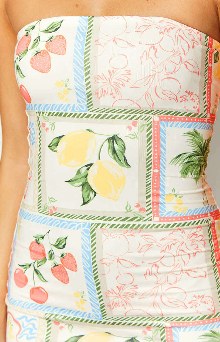 White Roma Print Strapless Mini Dress