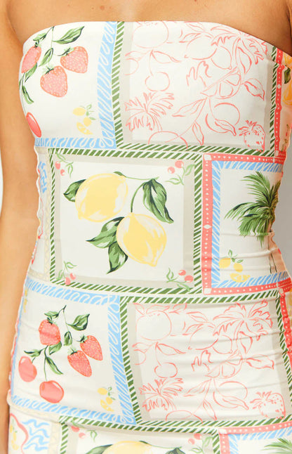White Roma Print Strapless Mini Dress